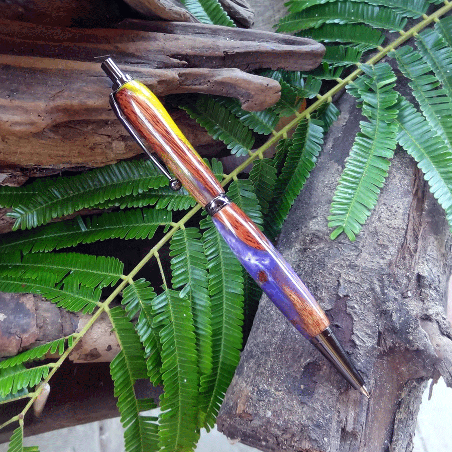 Driftwood and purple and yellow resin pen