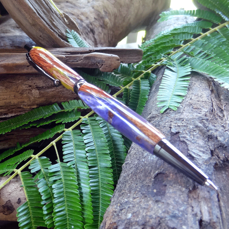 Driftwood and purple and yellow resin pen