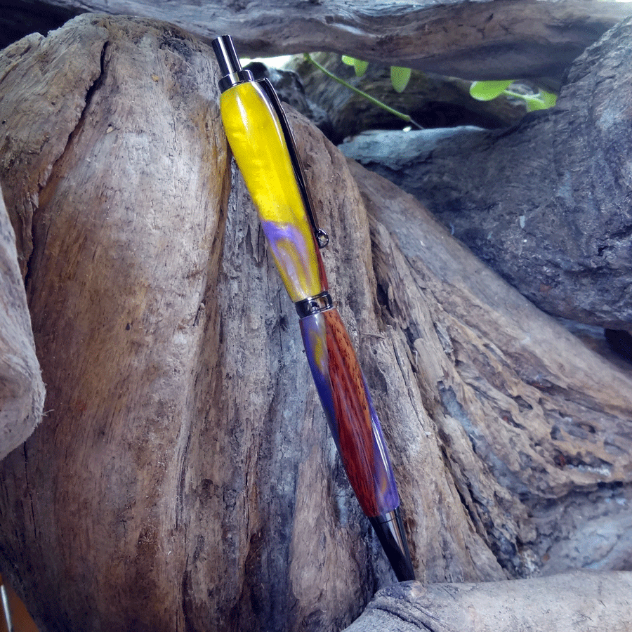 Driftwood and purple and yellow resin pen