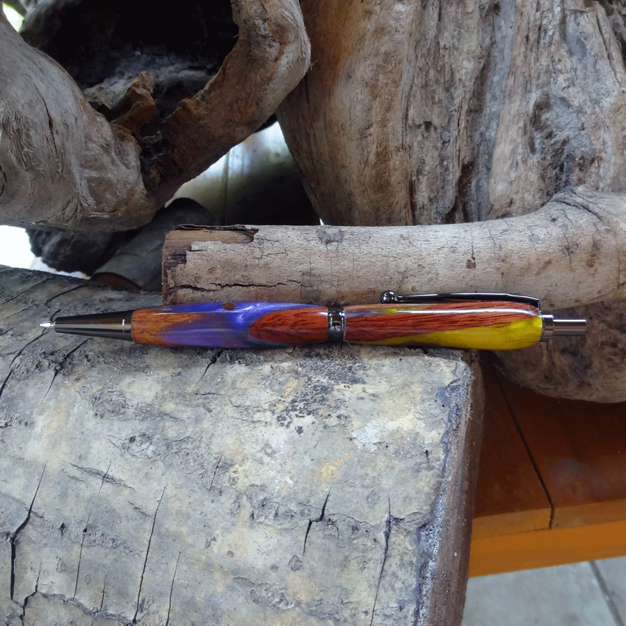 Driftwood and purple and yellow resin pen