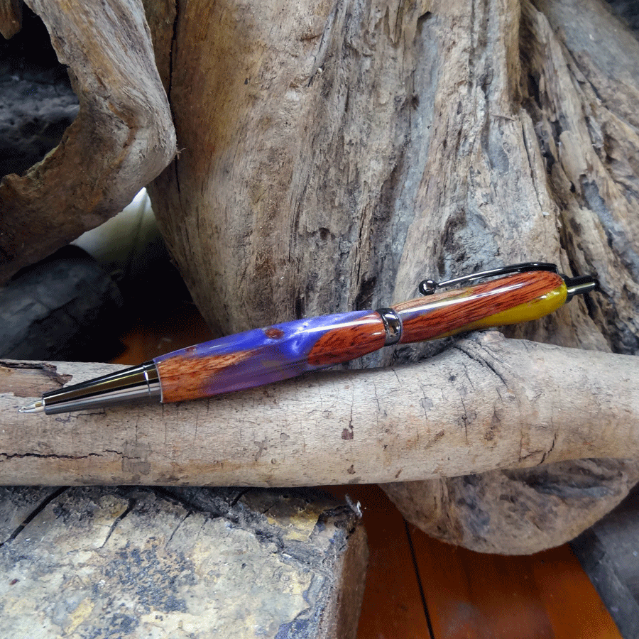 Driftwood and purple and yellow resin pen