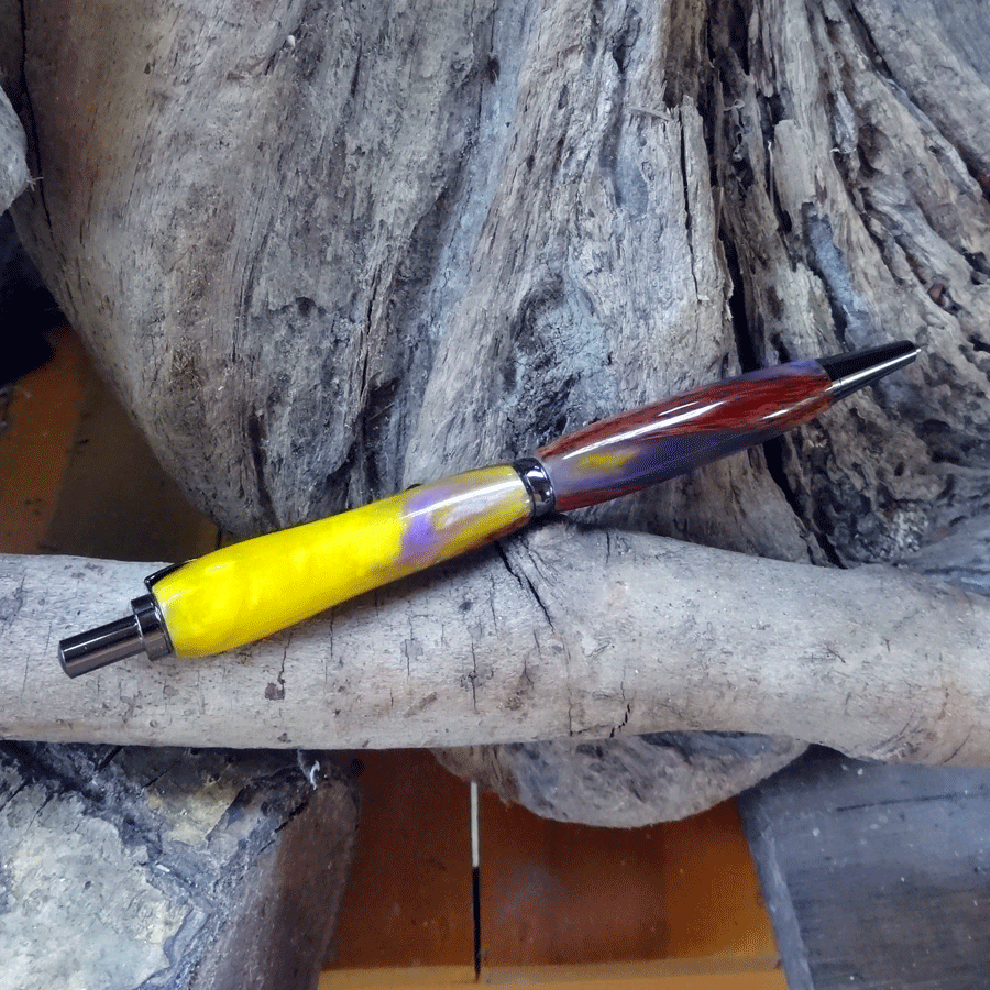 Driftwood and purple and yellow resin pen