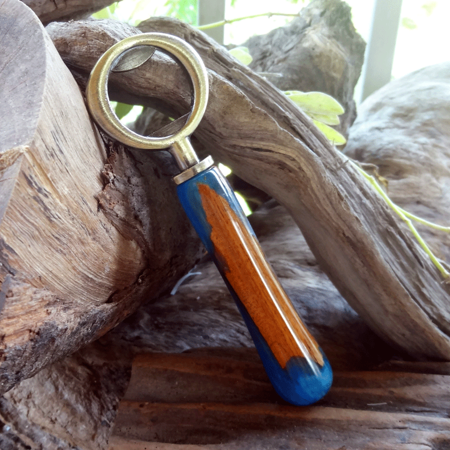 Driftwood and blue resin bottle opener