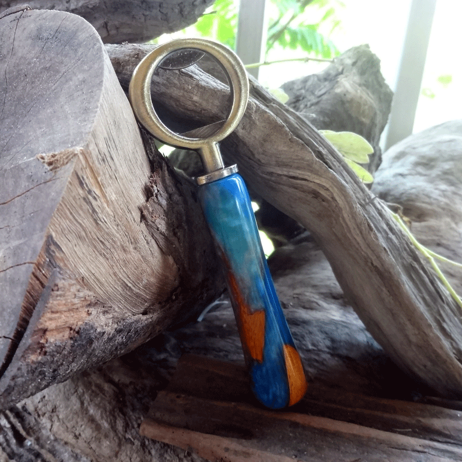 Driftwood and blue resin bottle opener