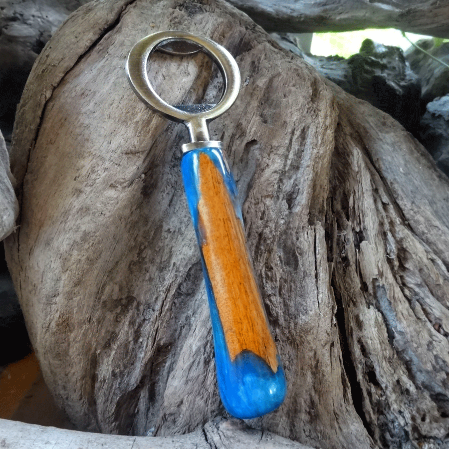 Driftwood and blue resin bottle opener