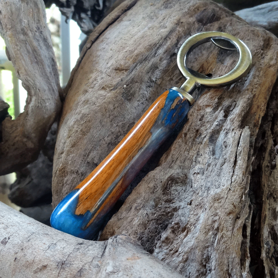 Driftwood and blue resin bottle opener