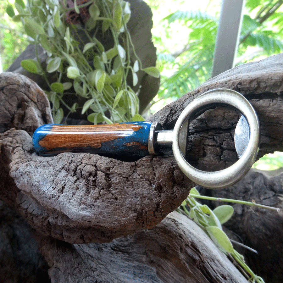 Driftwood and blue resin bottle opener