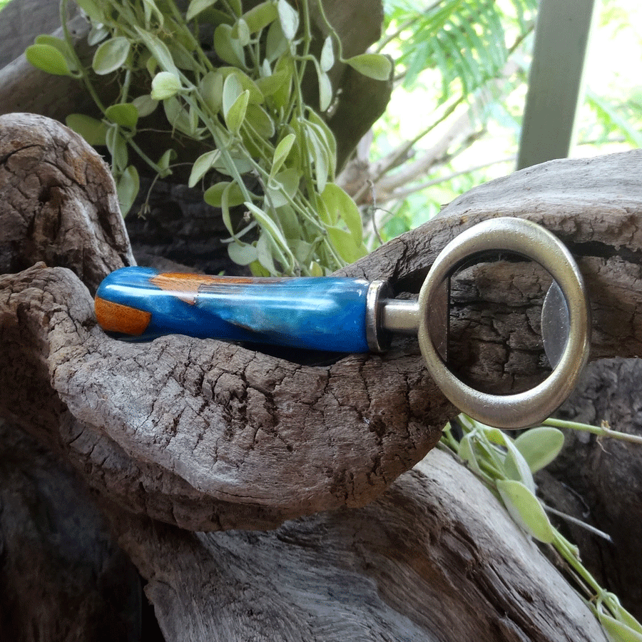 Driftwood and blue resin bottle opener