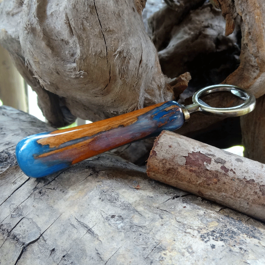 Driftwood and blue resin bottle opener