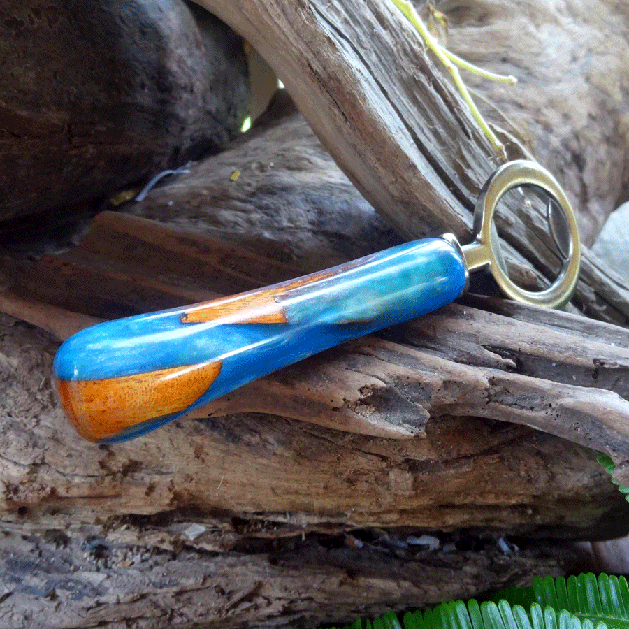 Driftwood and blue resin bottle opener