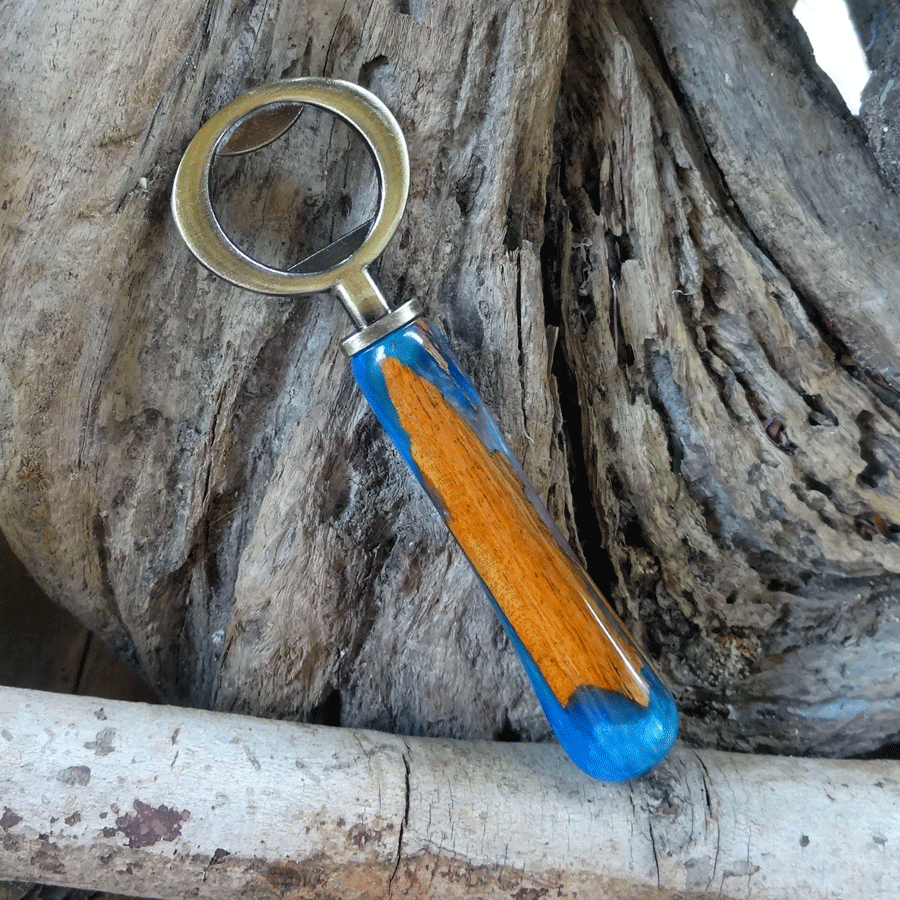 Driftwood and blue resin bottle opener