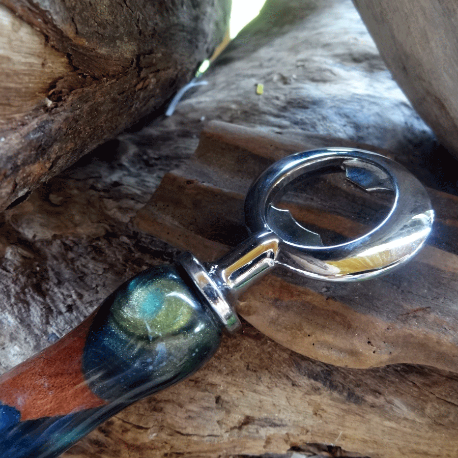 Driftwood and dark green resin bottle opener