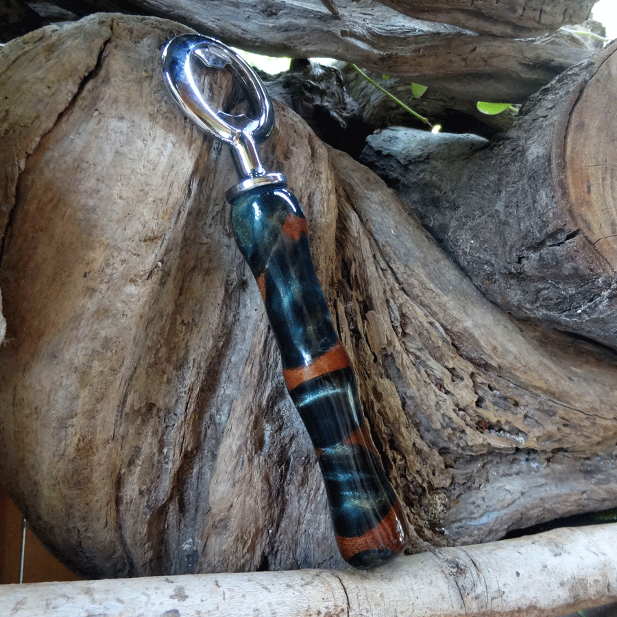 Driftwood and dark green resin bottle opener