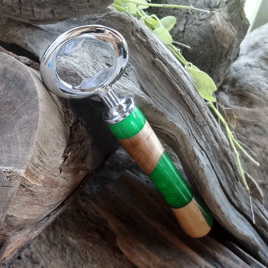 Driftwood and green resin bottle opener