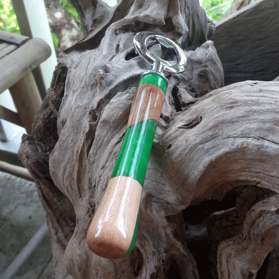 Driftwood and green resin bottle opener