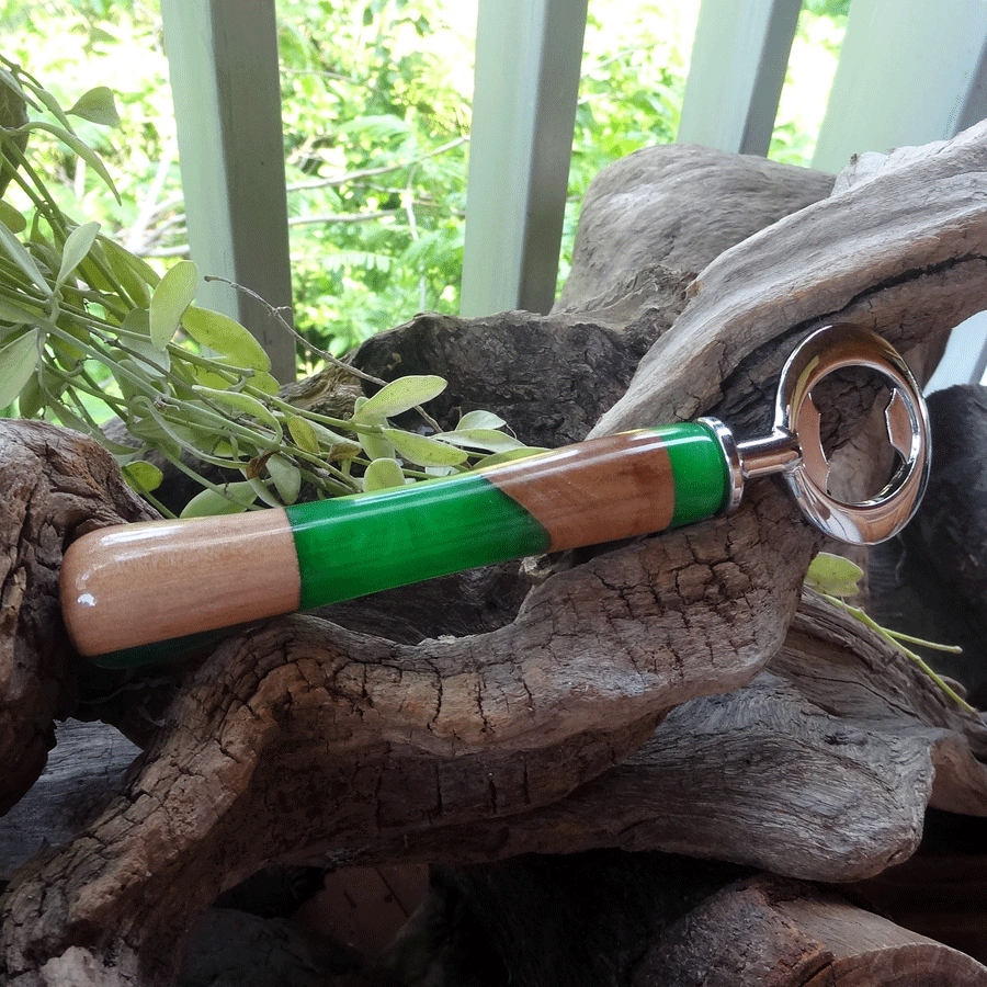 Driftwood and green resin bottle opener