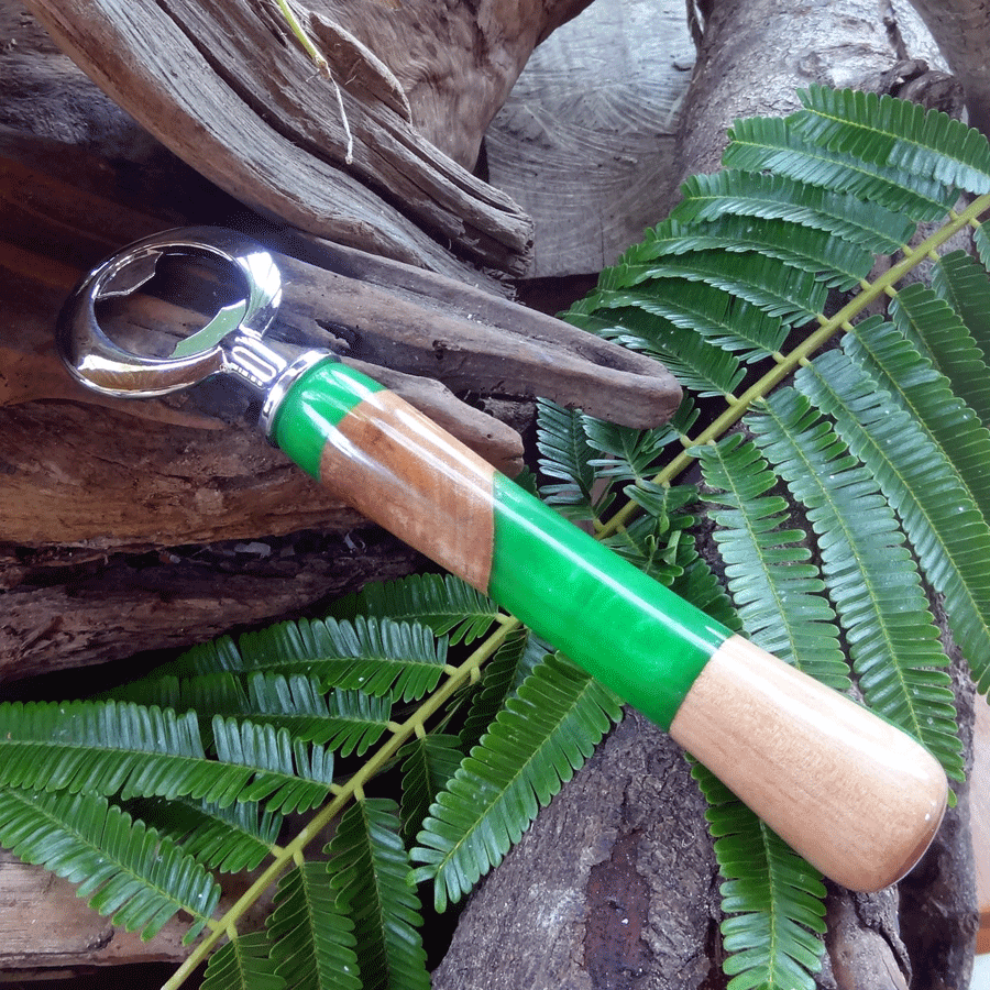 Driftwood and green resin bottle opener