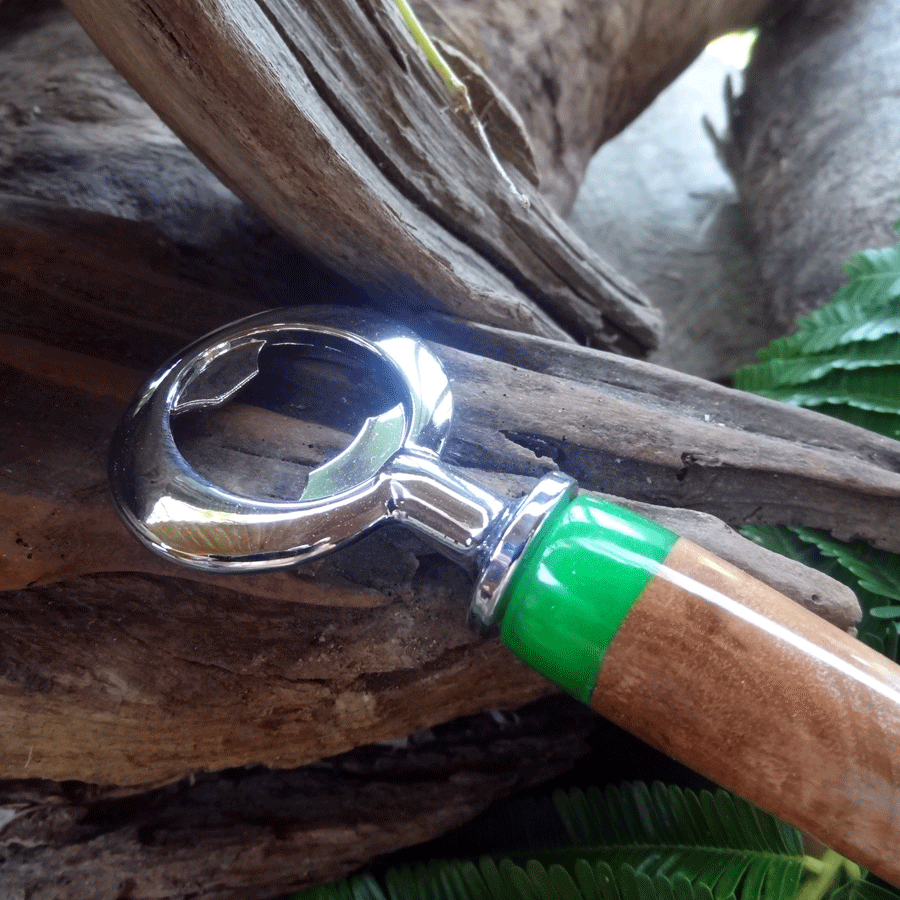 Driftwood and green resin bottle opener