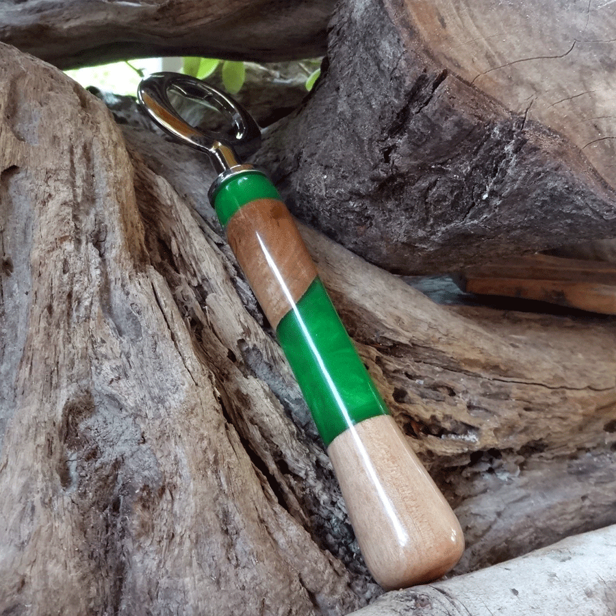 Driftwood and green resin bottle opener