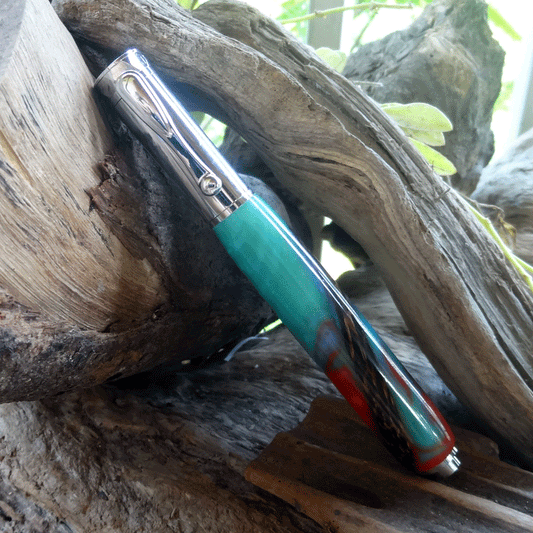 Driftwood and turquoise and pink resin fountain pen