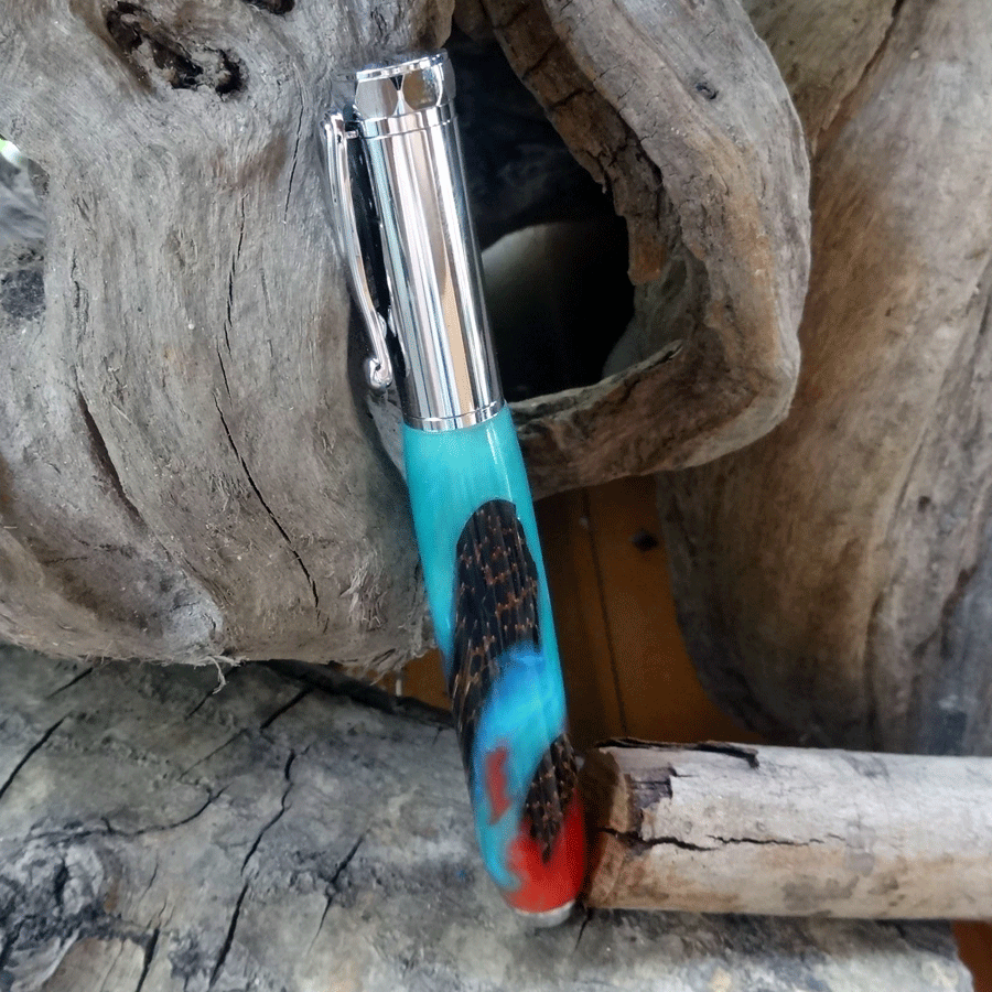 Driftwood and turquoise and pink resin fountain pen