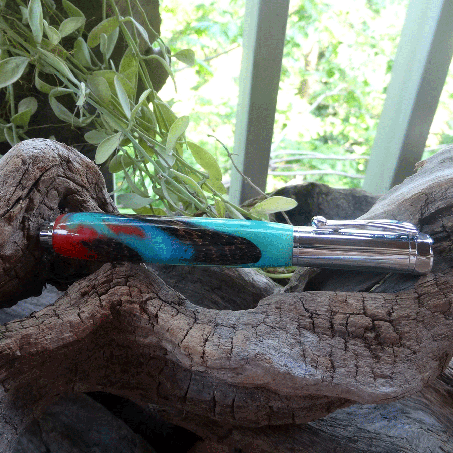 Driftwood and turquoise and pink resin fountain pen