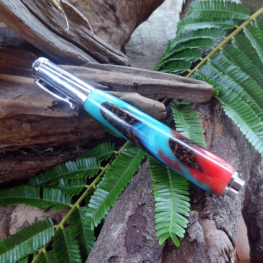 Driftwood and turquoise and pink resin fountain pen