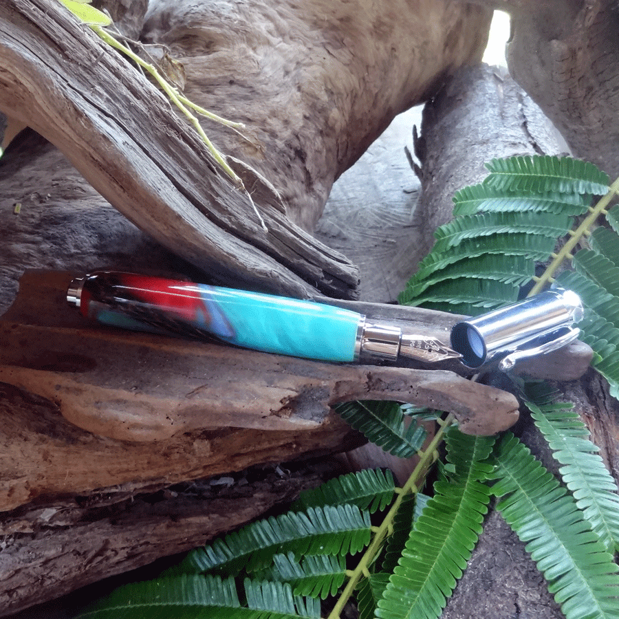 Driftwood and turquoise and pink resin fountain pen