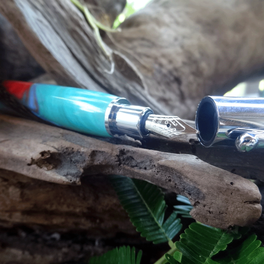 Driftwood and turquoise and pink resin fountain pen