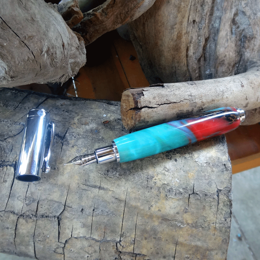 Driftwood and turquoise and pink resin fountain pen