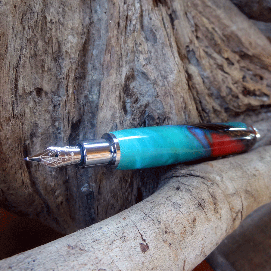 Driftwood and turquoise and pink resin fountain pen