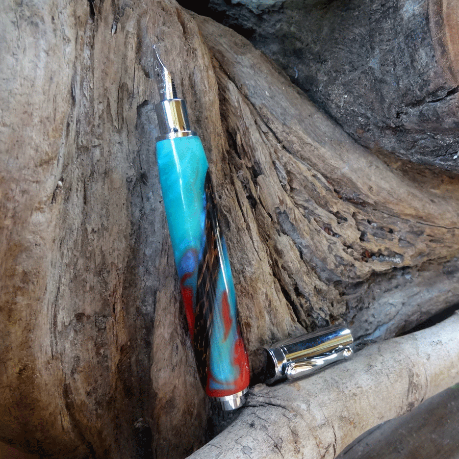 Driftwood and turquoise and pink resin fountain pen