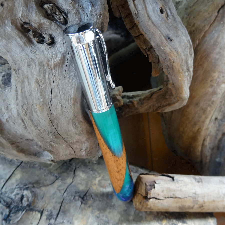 Driftwood and blue and green resin fountain pen