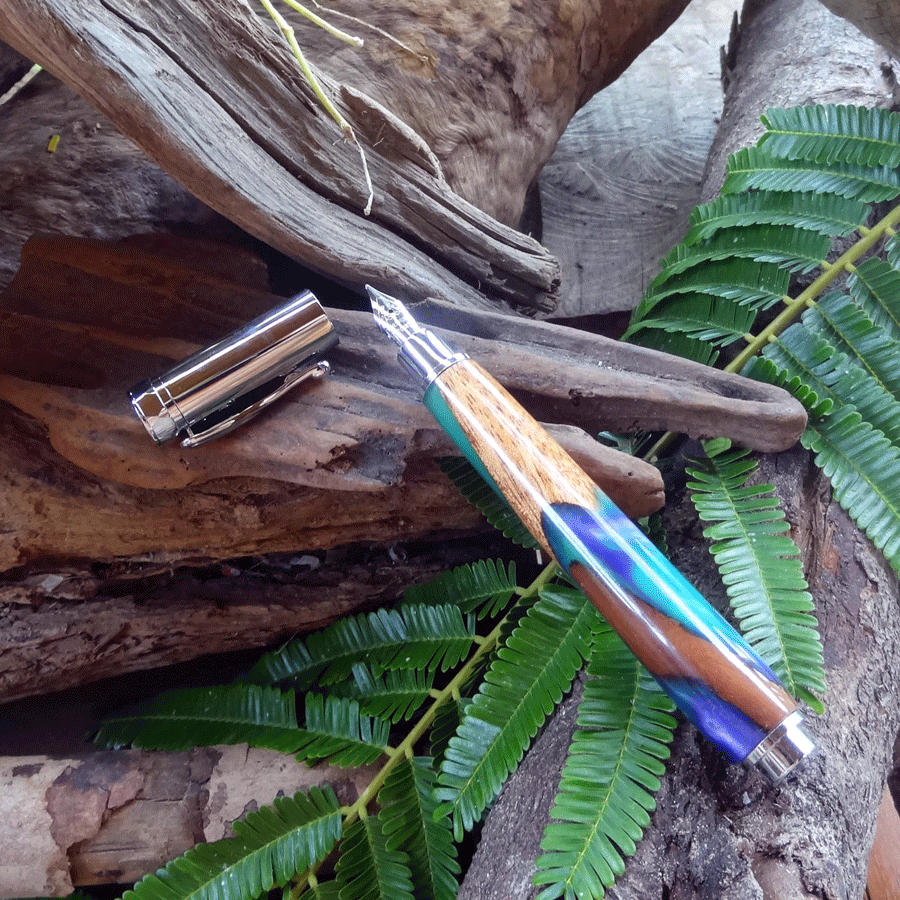 Driftwood and blue and green resin fountain pen