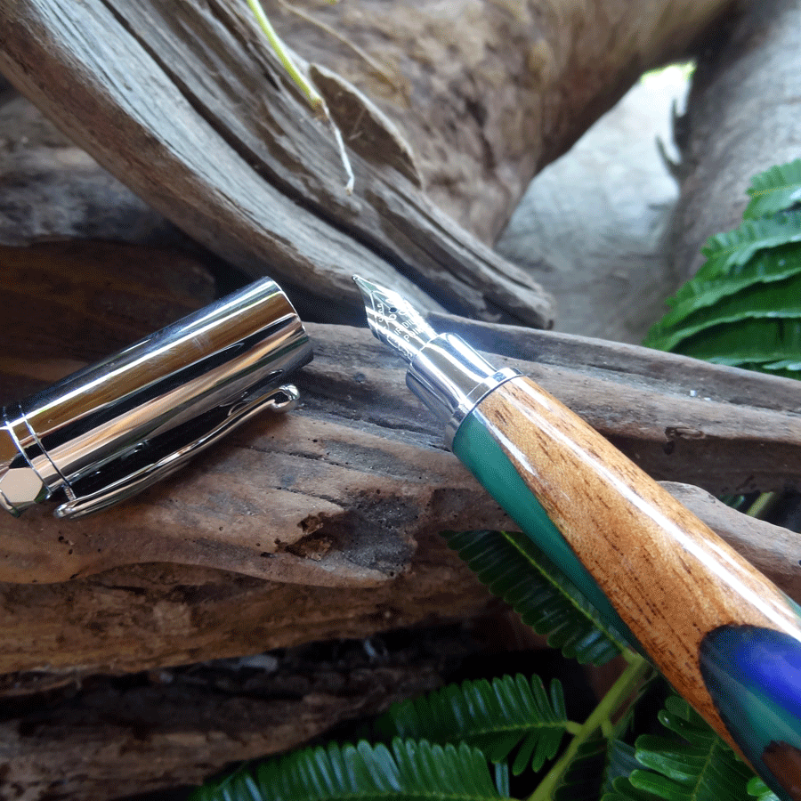 Driftwood and blue and green resin fountain pen