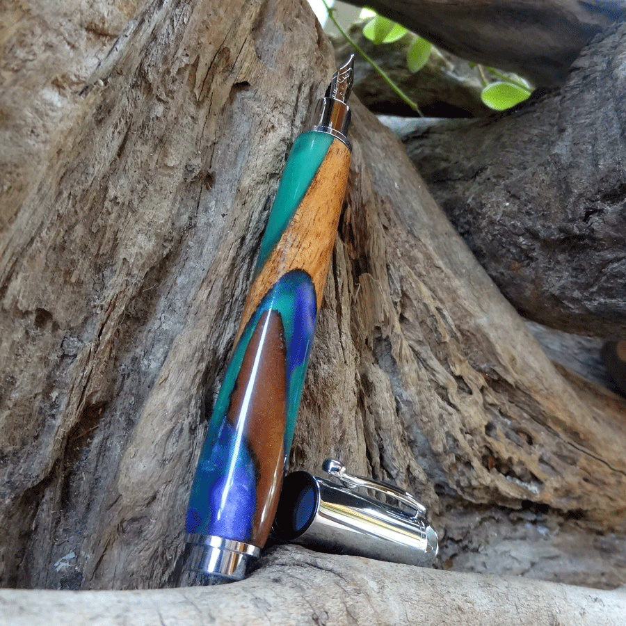 Driftwood and blue and green resin fountain pen