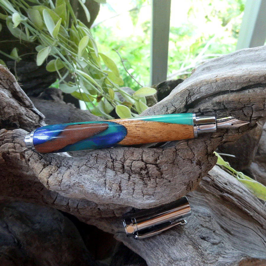 Driftwood and blue and green resin fountain pen