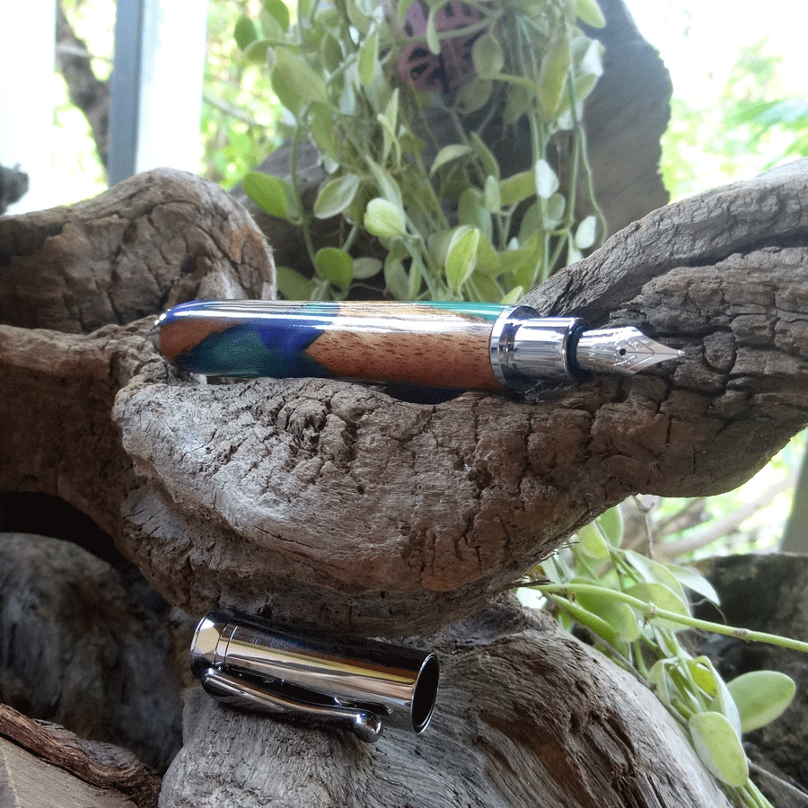 Driftwood and blue and green resin fountain pen