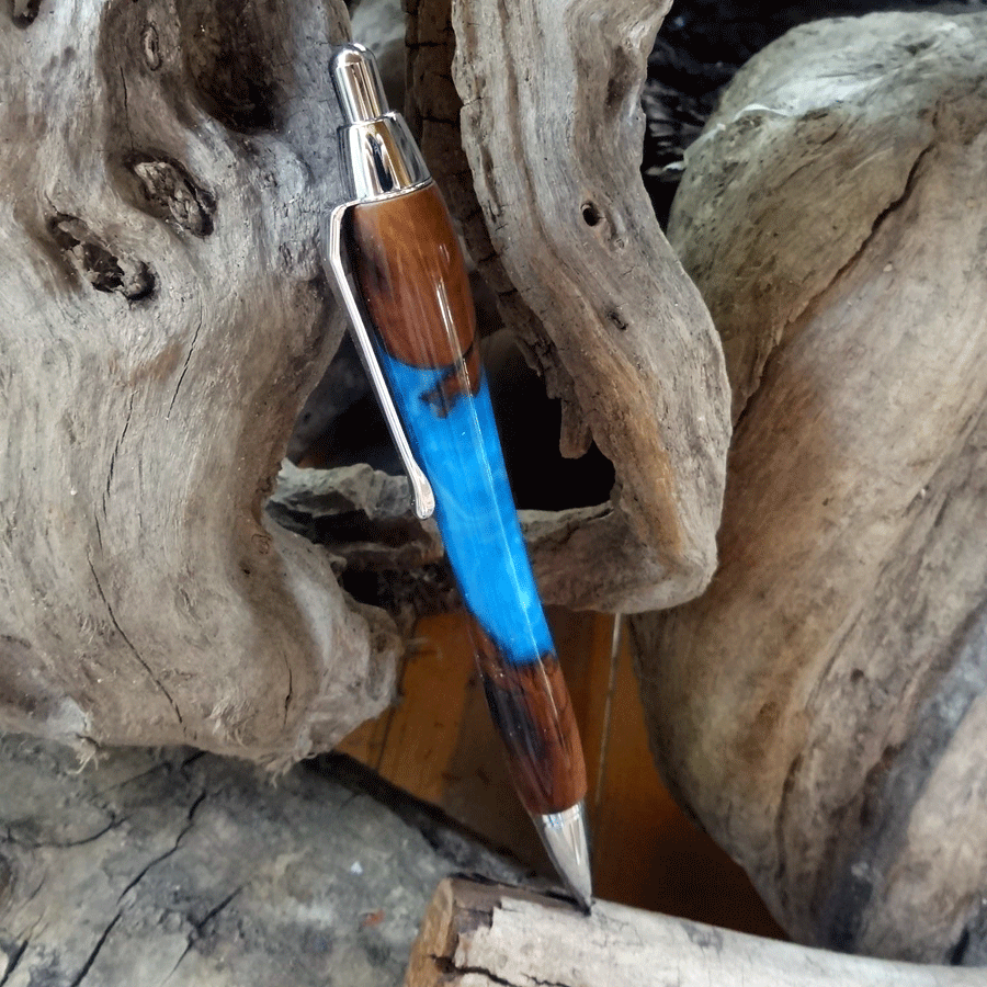 Driftwood and blue resin mechanical pencil