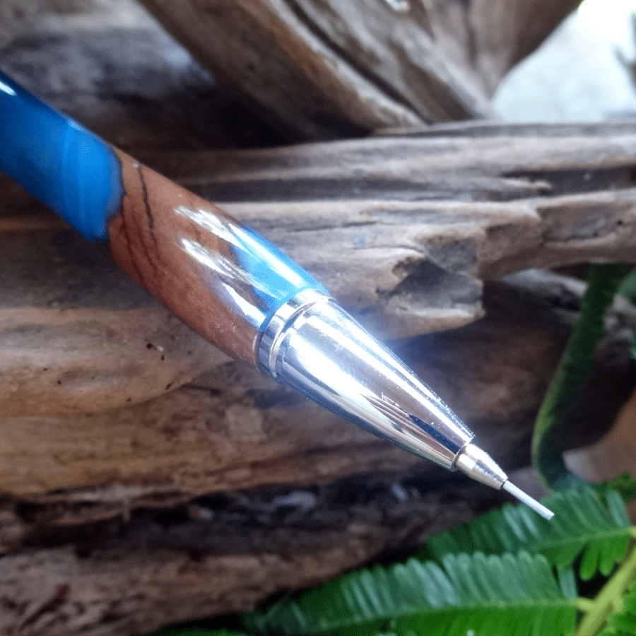 Driftwood and blue resin mechanical pencil