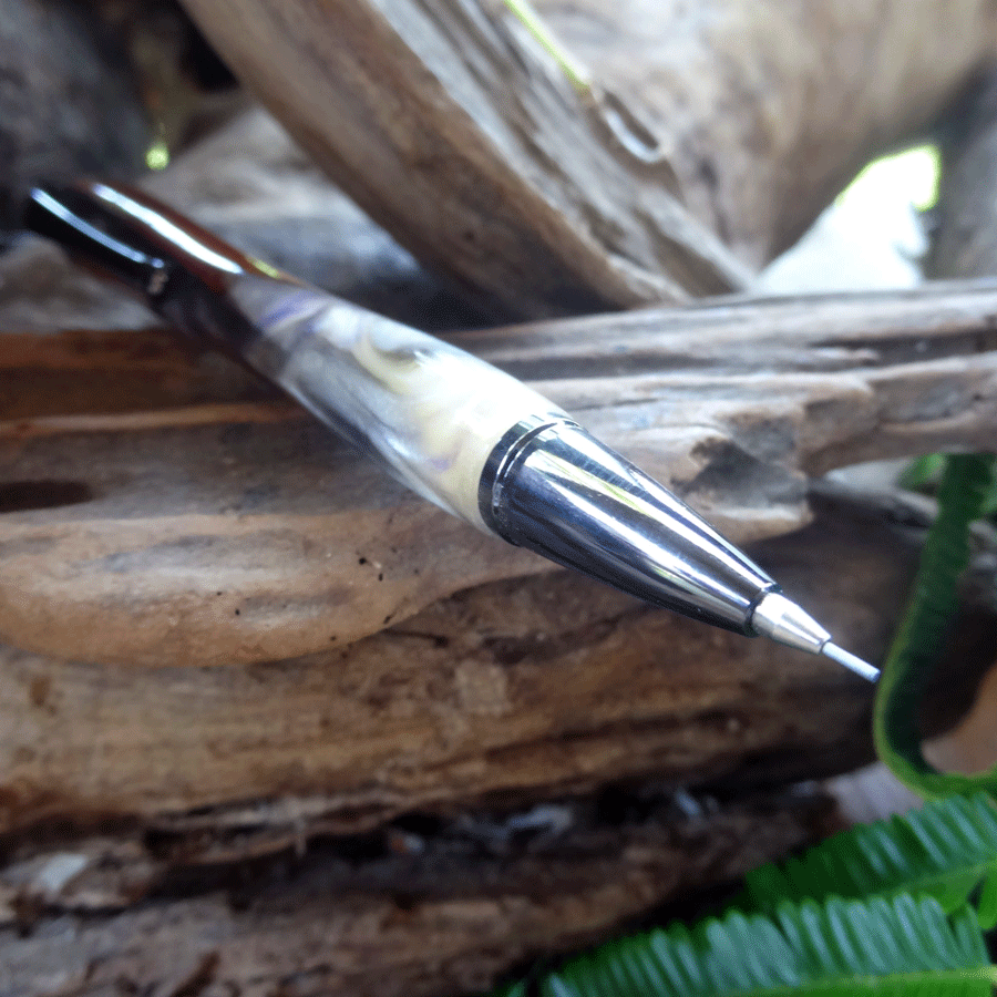 Driftwood and grey and purple resin mechanical pencil