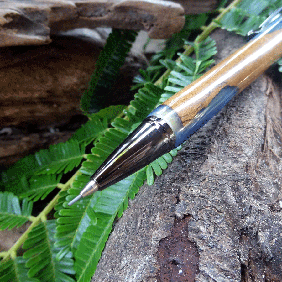 Driftwood and blue resin mechanical pencil