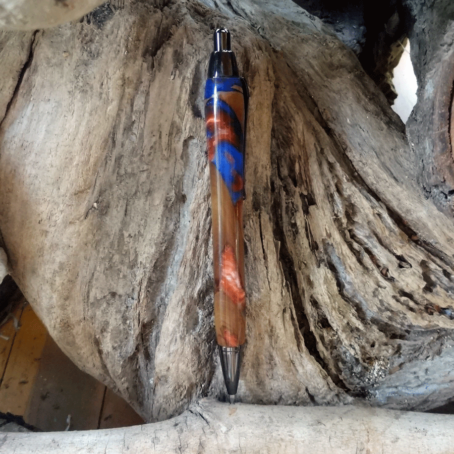 Driftwood and blue, red and pearl resin mechanical pencil