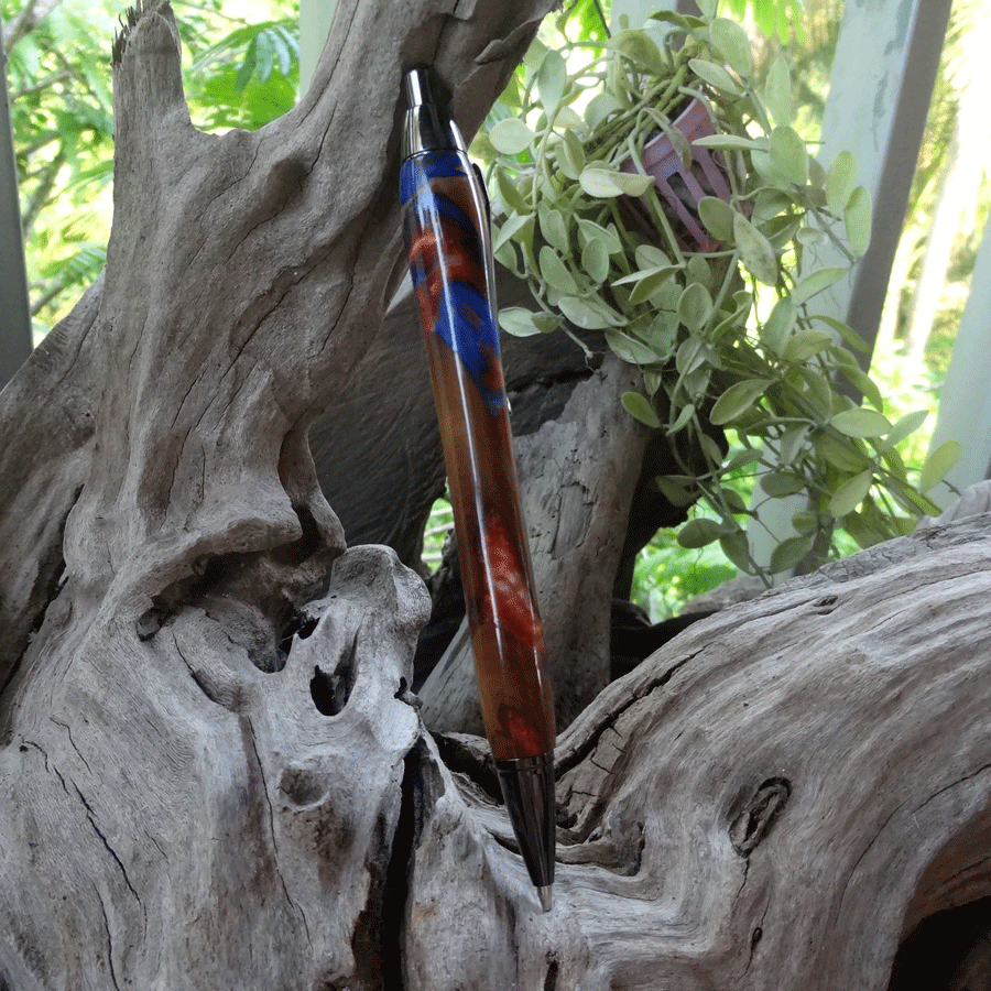 Driftwood and blue, red and pearl resin mechanical pencil