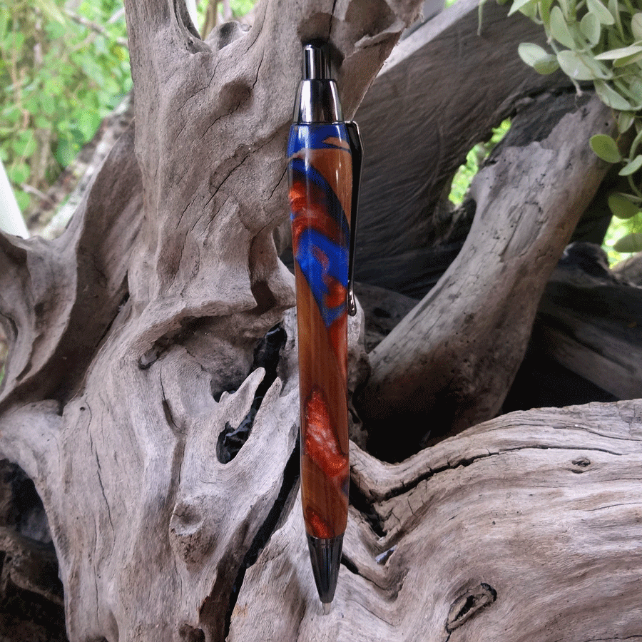 Driftwood and blue, red and pearl resin mechanical pencil