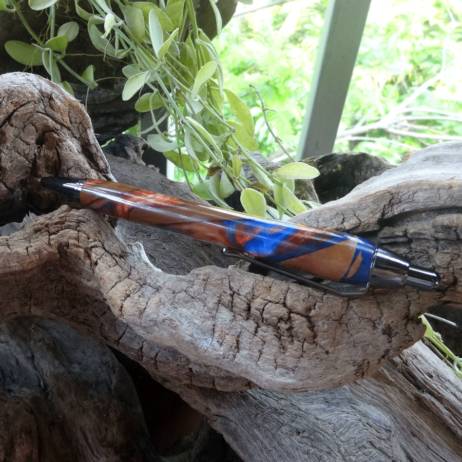 Driftwood and blue, red and pearl resin mechanical pencil