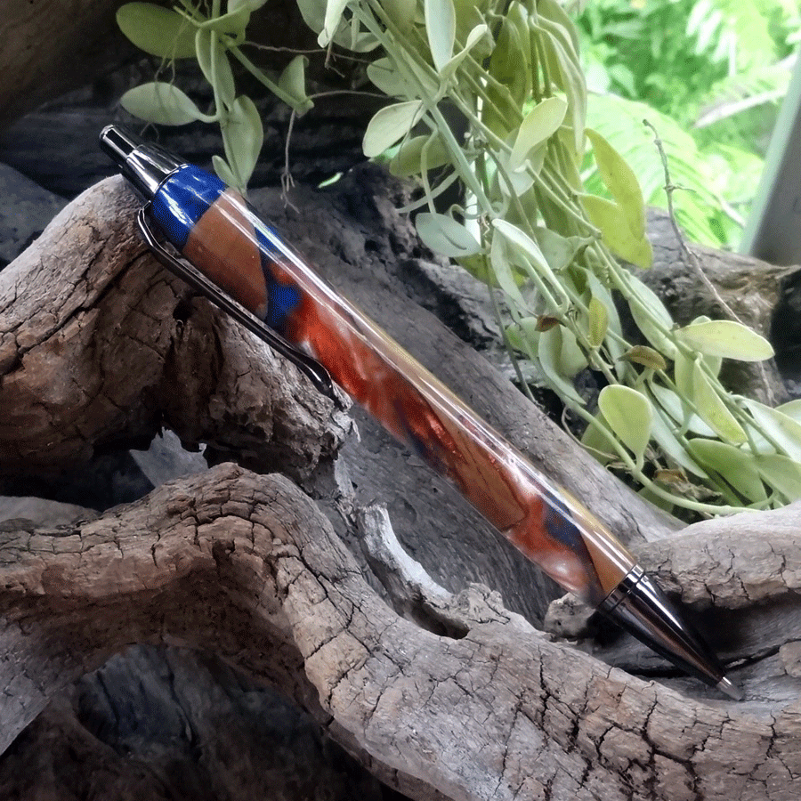 Driftwood and blue, red and pearl resin mechanical pencil