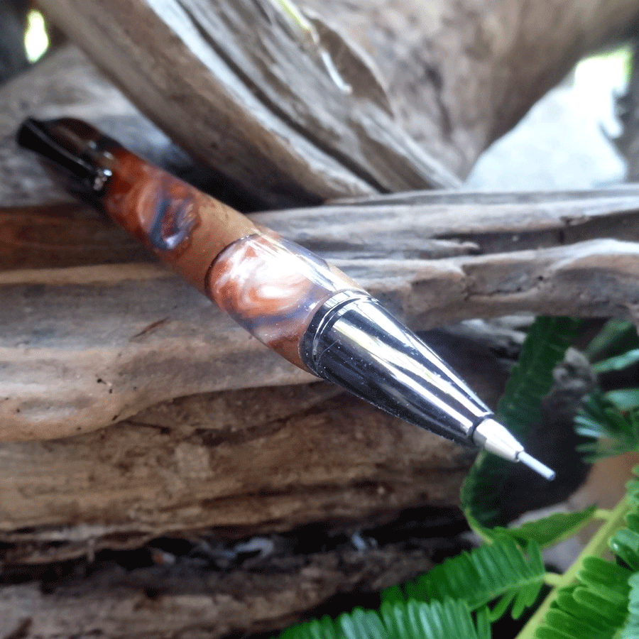 Driftwood and blue, red and pearl resin mechanical pencil