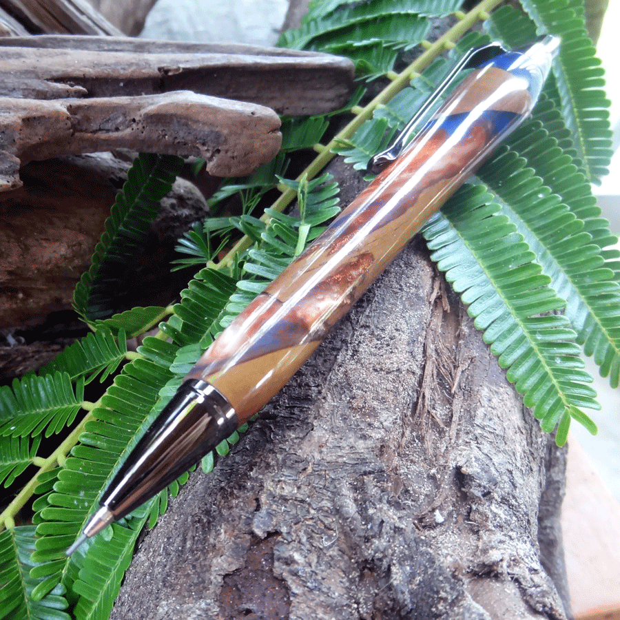 Driftwood and blue, red and pearl resin mechanical pencil