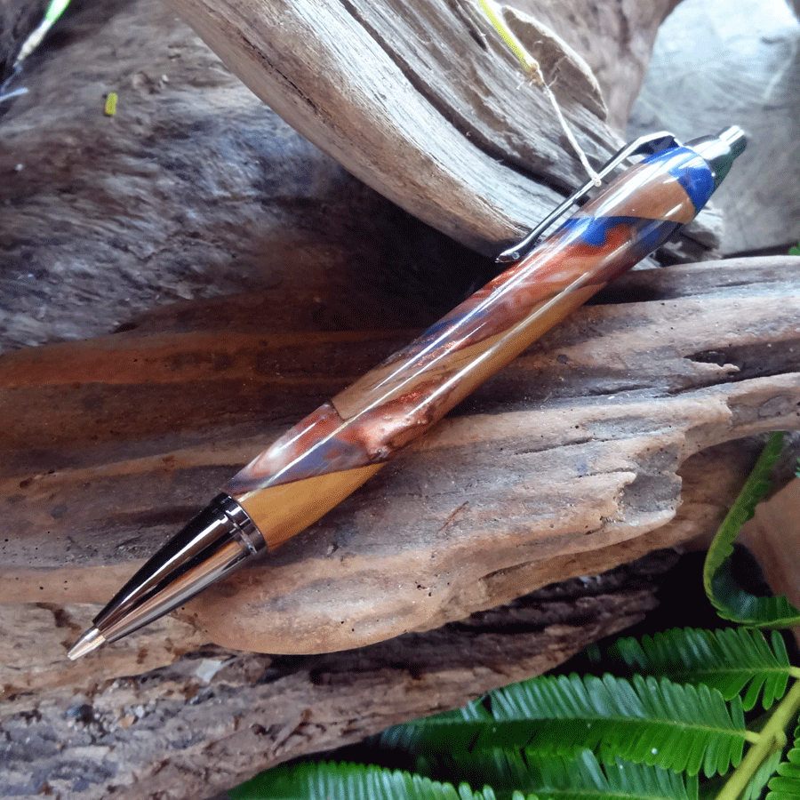 Driftwood and blue, red and pearl resin mechanical pencil